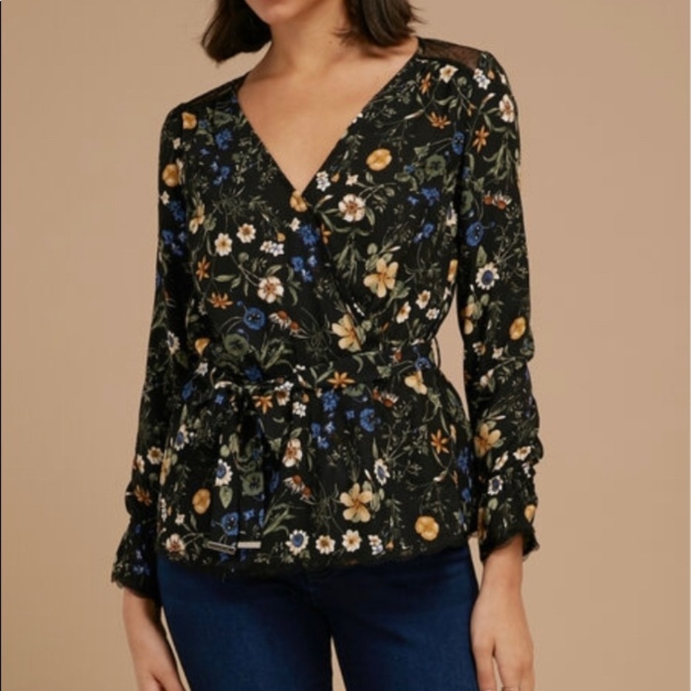 Dex Printed Faux Wrap Blouse